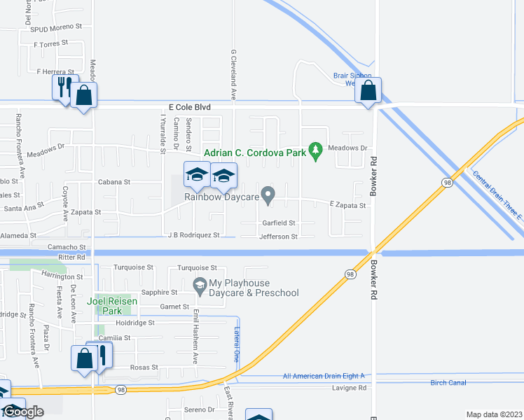 map of restaurants, bars, coffee shops, grocery stores, and more near 1954 Buchanan Avenue in Calexico