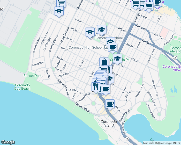 map of restaurants, bars, coffee shops, grocery stores, and more near 825 9th Street in Coronado