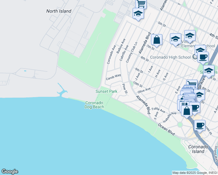 map of restaurants, bars, coffee shops, grocery stores, and more near 2 Ocean Drive in Coronado
