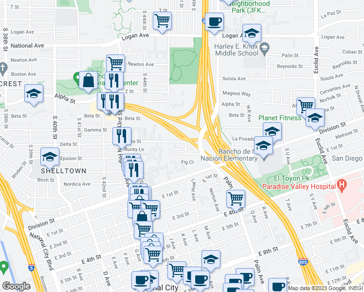 map of restaurants, bars, coffee shops, grocery stores, and more near 1226 Scott Drive in National City