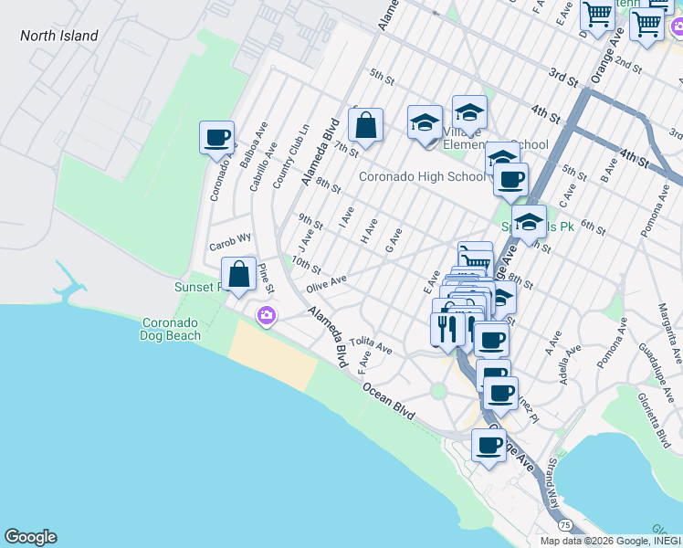 map of restaurants, bars, coffee shops, grocery stores, and more near 1005 Olive Avenue in Coronado
