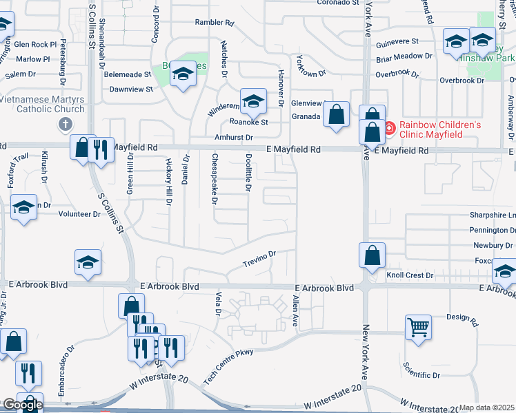 map of restaurants, bars, coffee shops, grocery stores, and more near 3601 Doolittle Drive in Arlington
