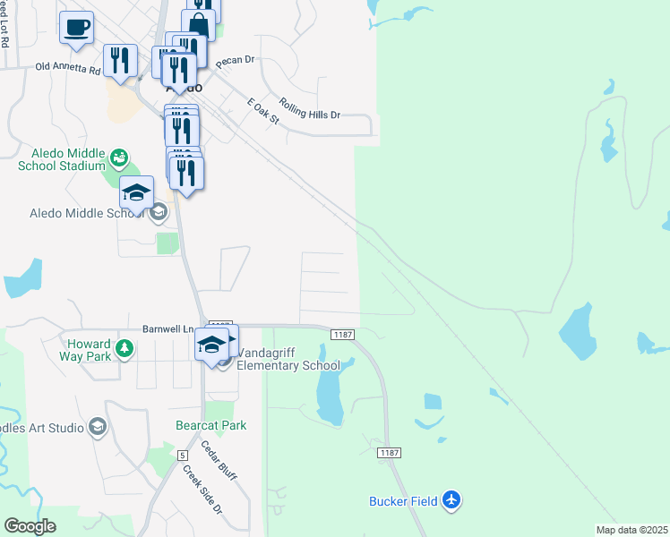 map of restaurants, bars, coffee shops, grocery stores, and more near 736 Paintbrush Court in Aledo