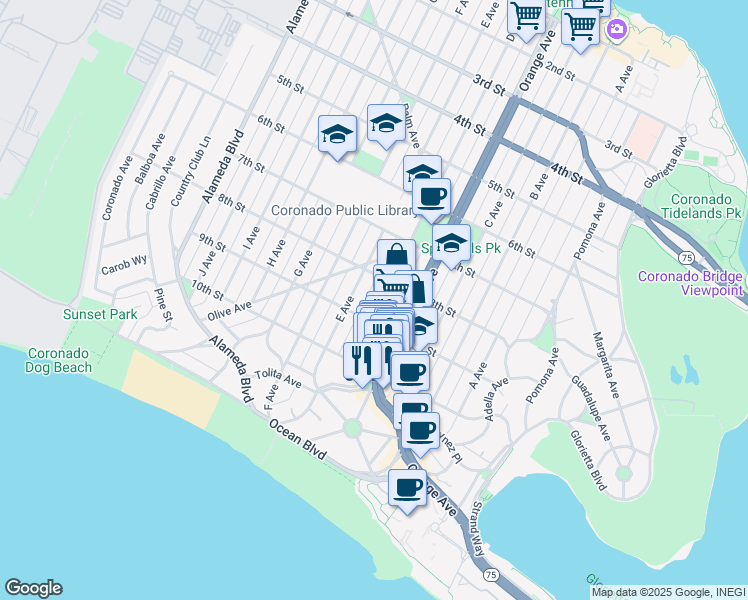 map of restaurants, bars, coffee shops, grocery stores, and more near 845 D Avenue in Coronado