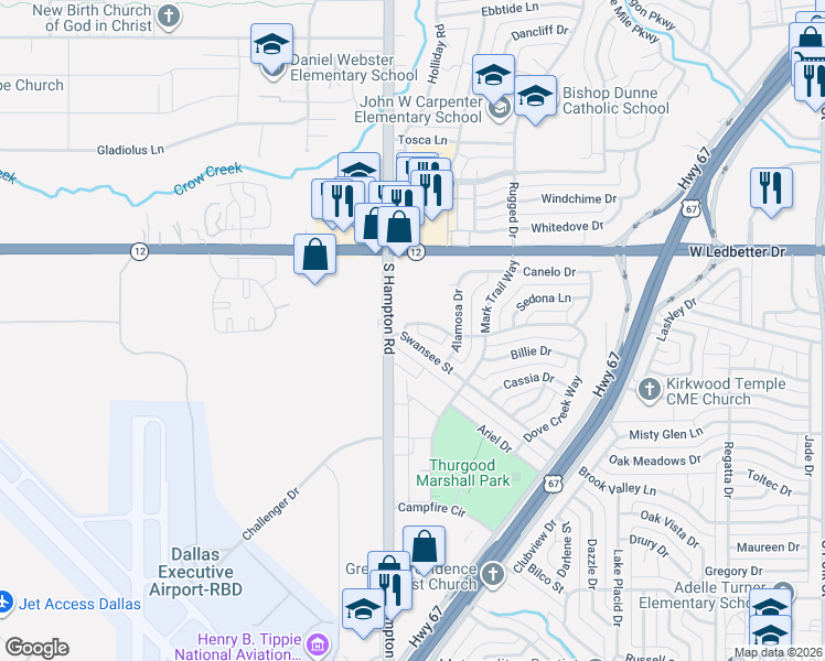 map of restaurants, bars, coffee shops, grocery stores, and more near 2240 Swansee Drive in Dallas