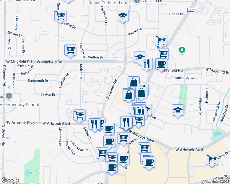 map of restaurants, bars, coffee shops, grocery stores, and more near 3600 Hoya Drive in Arlington
