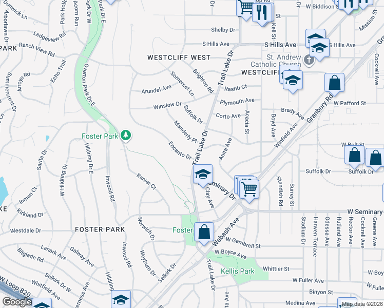 map of restaurants, bars, coffee shops, grocery stores, and more near 3600 Encanto Drive in Fort Worth