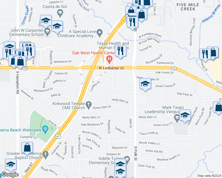map of restaurants, bars, coffee shops, grocery stores, and more near 1212 Oak Park Drive in Dallas