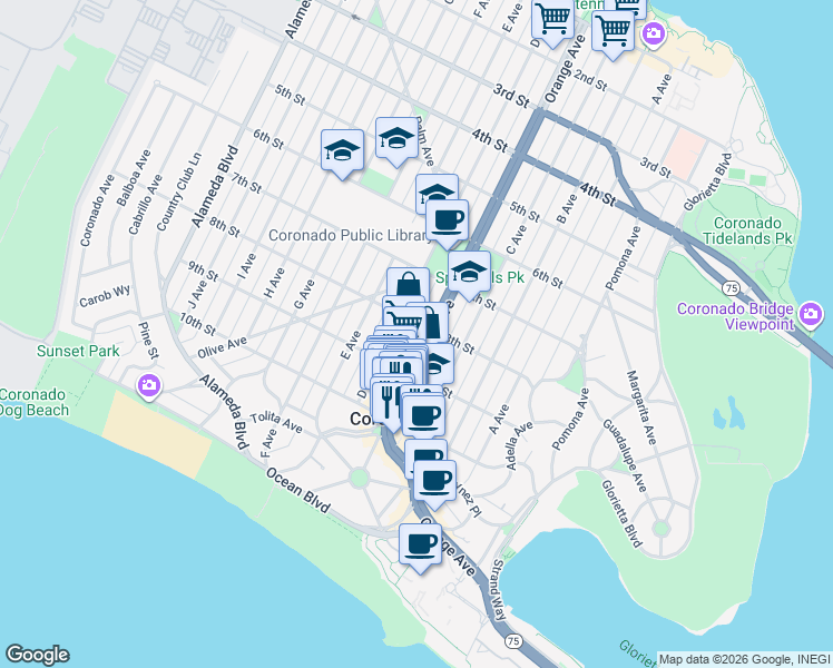 map of restaurants, bars, coffee shops, grocery stores, and more near 800 Orange Avenue in Coronado