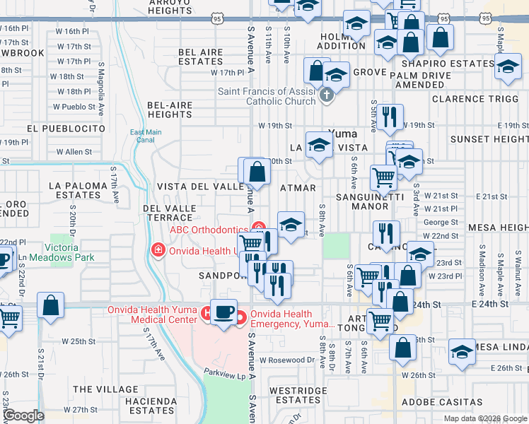 map of restaurants, bars, coffee shops, grocery stores, and more near 2175 South Avenue A in Yuma
