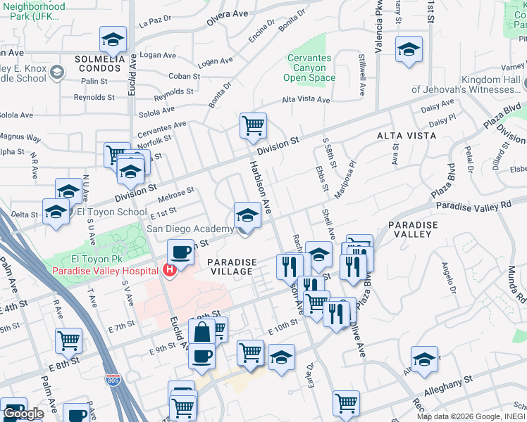 map of restaurants, bars, coffee shops, grocery stores, and more near 415 South Harbison Avenue in National City