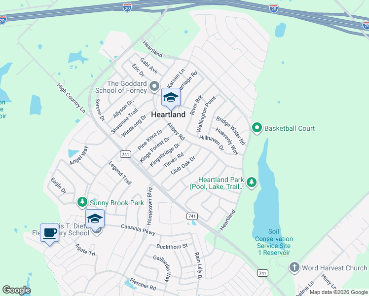 map of restaurants, bars, coffee shops, grocery stores, and more near 2036 Times Road in Forney