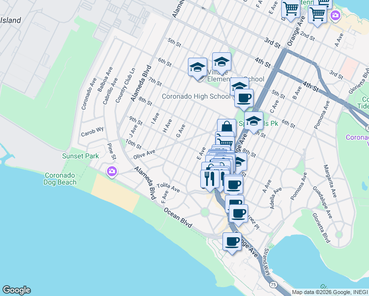 map of restaurants, bars, coffee shops, grocery stores, and more near 720 9th Street in Coronado
