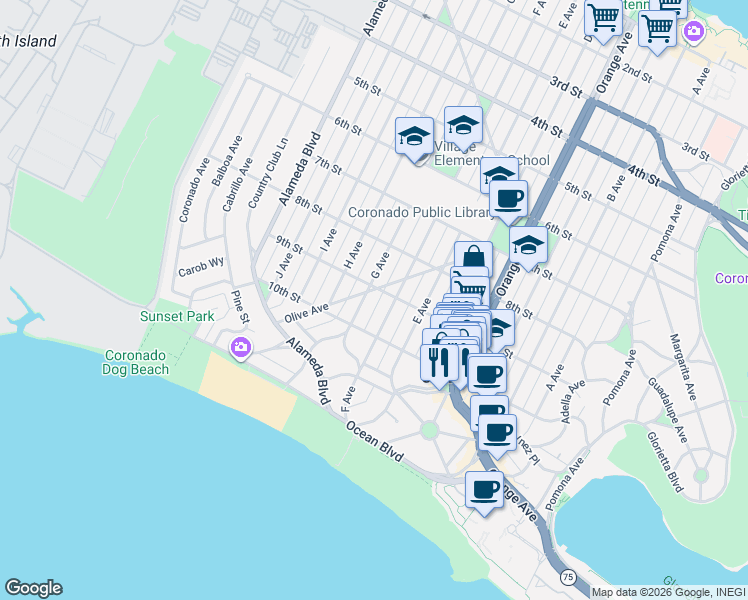 map of restaurants, bars, coffee shops, grocery stores, and more near 936 F Avenue in Coronado