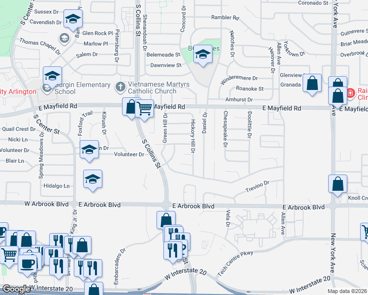 map of restaurants, bars, coffee shops, grocery stores, and more near 1204 Sand Hill Court in Arlington