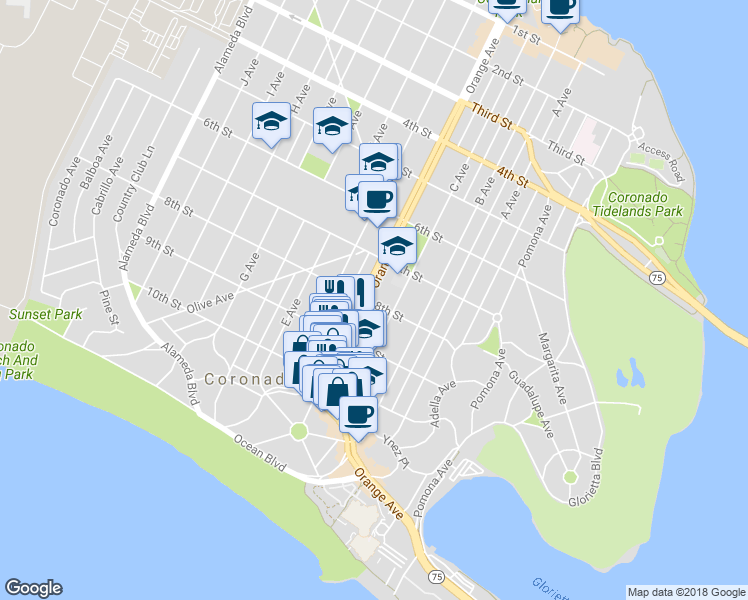 map of restaurants, bars, coffee shops, grocery stores, and more near 1105 8th Street in Coronado