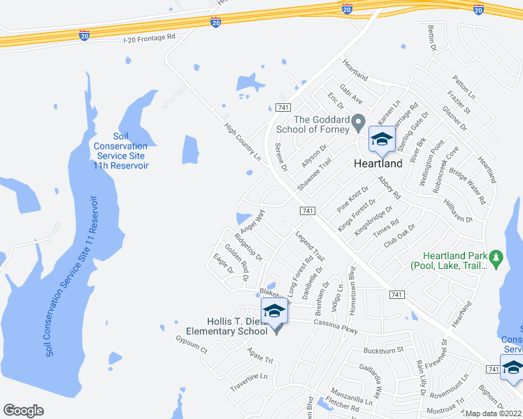map of restaurants, bars, coffee shops, grocery stores, and more near Angel Way in Forney