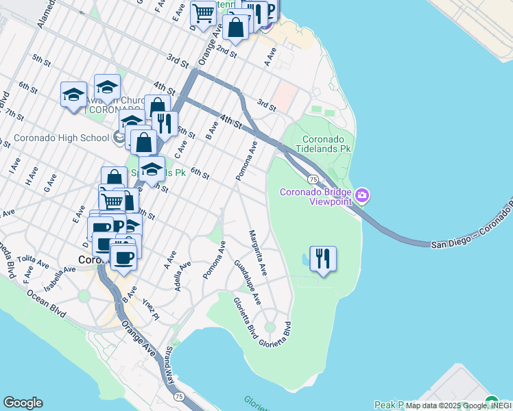 map of restaurants, bars, coffee shops, grocery stores, and more near 1634 6th Street in Coronado