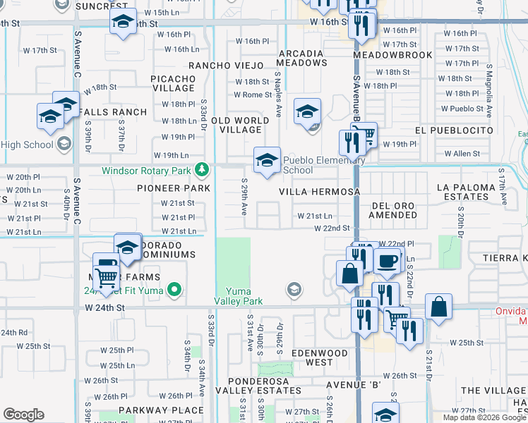 map of restaurants, bars, coffee shops, grocery stores, and more near 2700-2798 W 21st Pl in Yuma