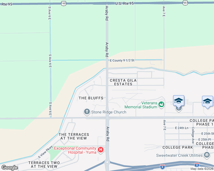 map of restaurants, bars, coffee shops, grocery stores, and more near 9682 Araby Road in Yuma