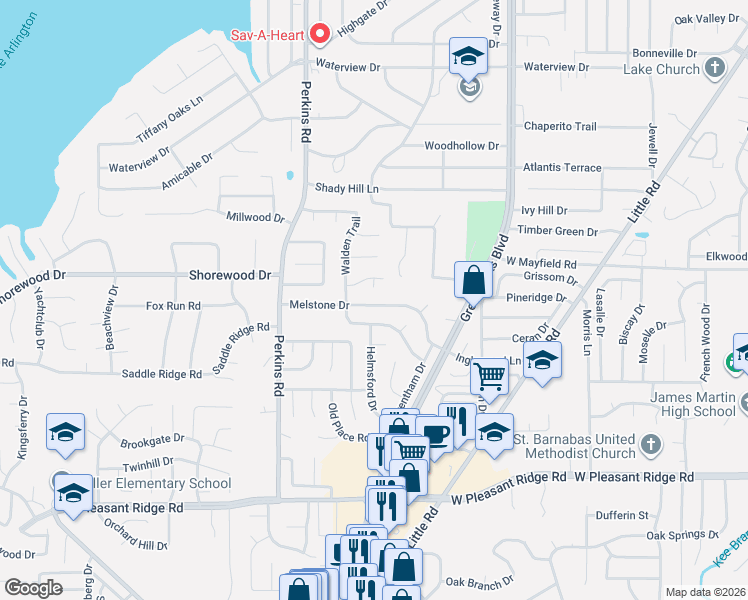 map of restaurants, bars, coffee shops, grocery stores, and more near 3506 Hidden Pines Court in Arlington