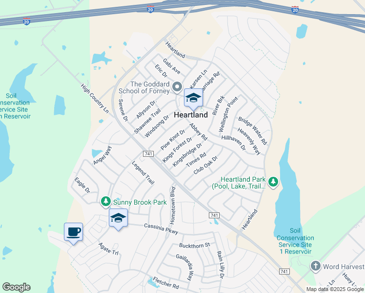 map of restaurants, bars, coffee shops, grocery stores, and more near 2028 Kings Forest Drive in Forney