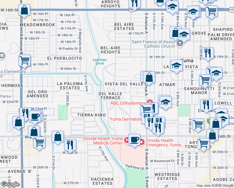 map of restaurants, bars, coffee shops, grocery stores, and more near 2090 South 14th Avenue in Yuma
