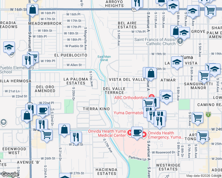 map of restaurants, bars, coffee shops, grocery stores, and more near 2092 South Terrace Way in Yuma