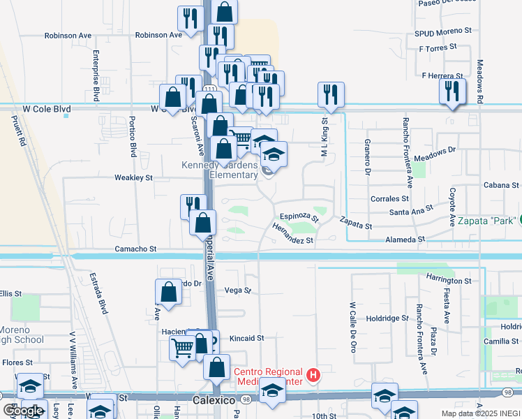 map of restaurants, bars, coffee shops, grocery stores, and more near 2220 Rockwood Avenue in Calexico