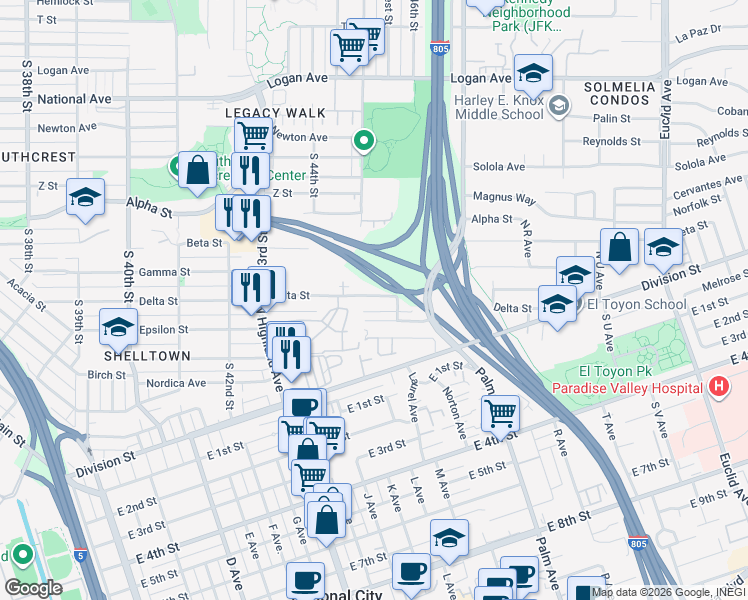 map of restaurants, bars, coffee shops, grocery stores, and more near 4512 Delta Street in San Diego