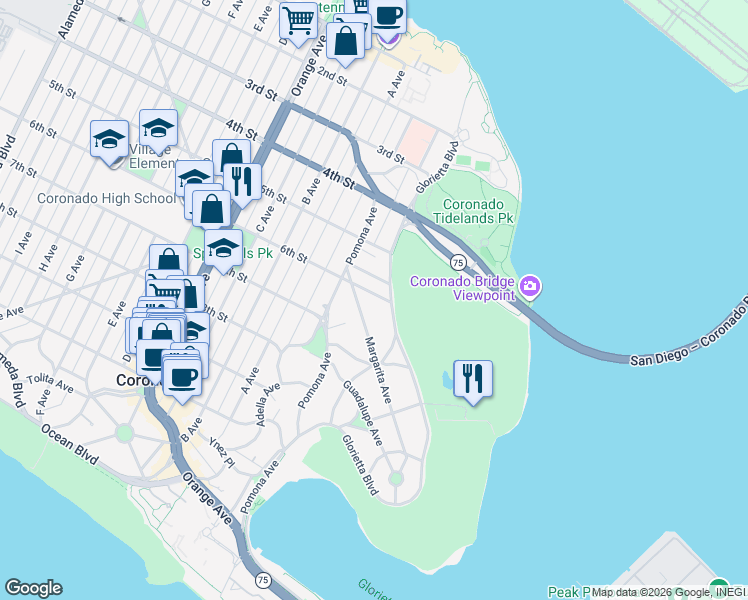 map of restaurants, bars, coffee shops, grocery stores, and more near 1603 6th Street in Coronado