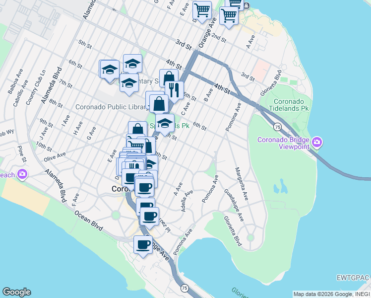 map of restaurants, bars, coffee shops, grocery stores, and more near 672 B Avenue in Coronado