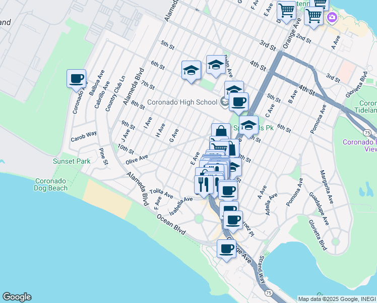 map of restaurants, bars, coffee shops, grocery stores, and more near 825 Olive Avenue in Coronado