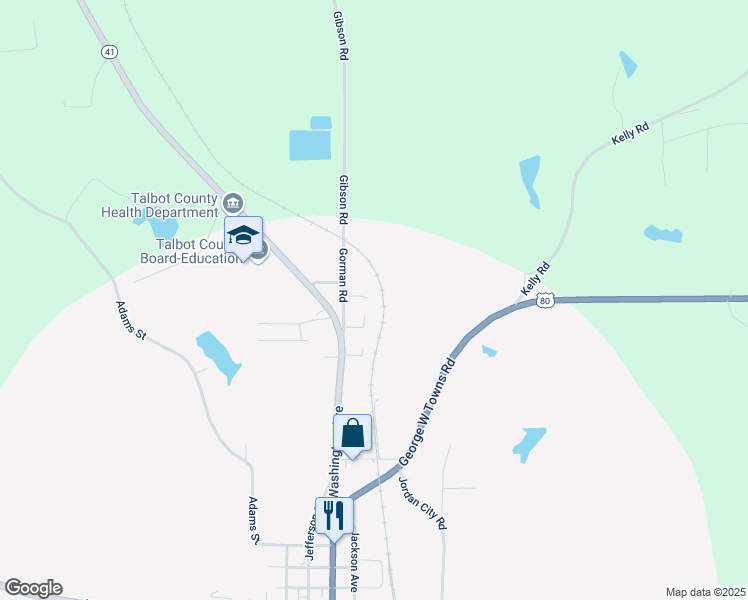 map of restaurants, bars, coffee shops, grocery stores, and more near Pierce Street in Talbotton