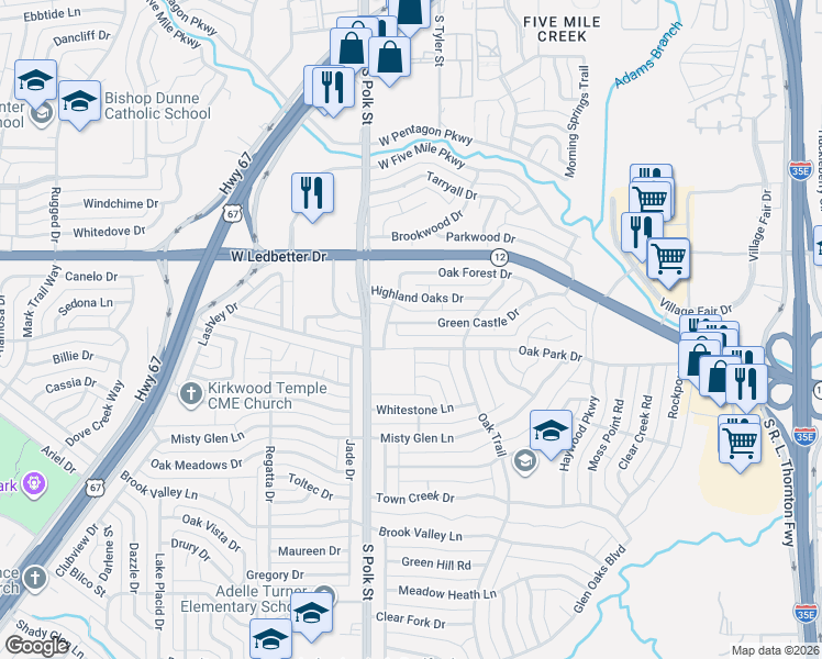 map of restaurants, bars, coffee shops, grocery stores, and more near 952 Highland Oaks Drive in Dallas