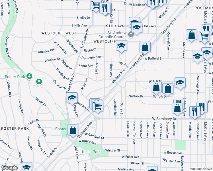 map of restaurants, bars, coffee shops, grocery stores, and more near 3467 Suffolk Drive in Fort Worth