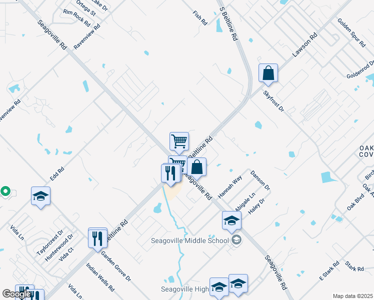 map of restaurants, bars, coffee shops, grocery stores, and more near 15029 Seagoville Road in Dallas