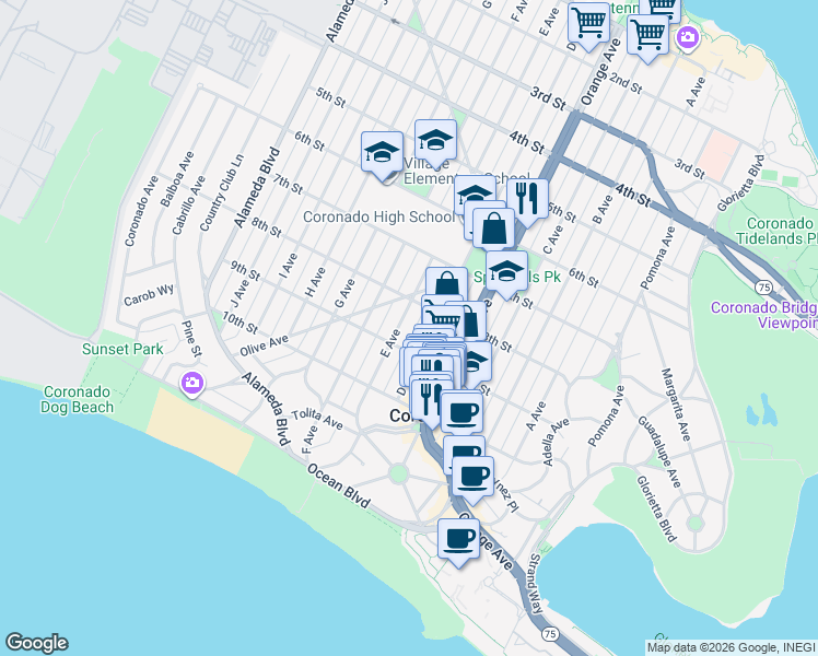 map of restaurants, bars, coffee shops, grocery stores, and more near 913 8th Street in Coronado