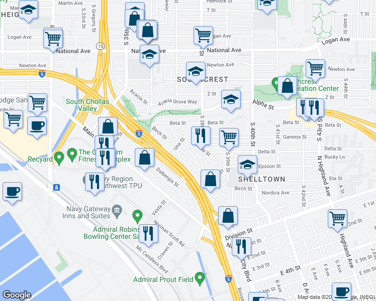 map of restaurants, bars, coffee shops, grocery stores, and more near 3742 Birch Street in San Diego
