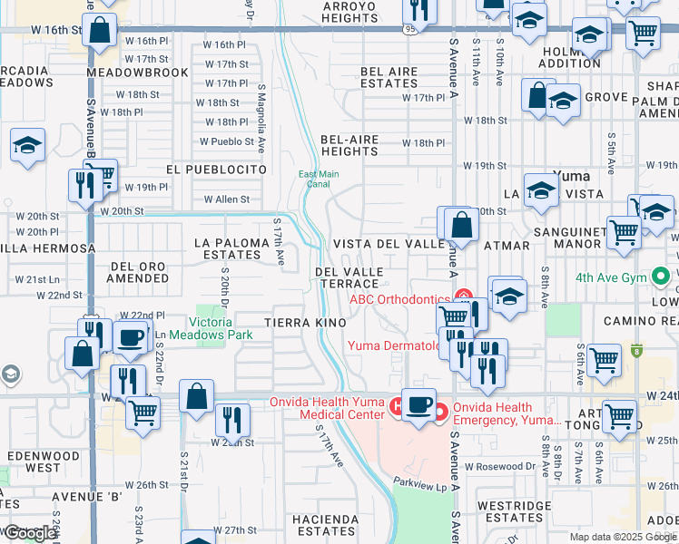 map of restaurants, bars, coffee shops, grocery stores, and more near 2092 South Terrace Way in Yuma