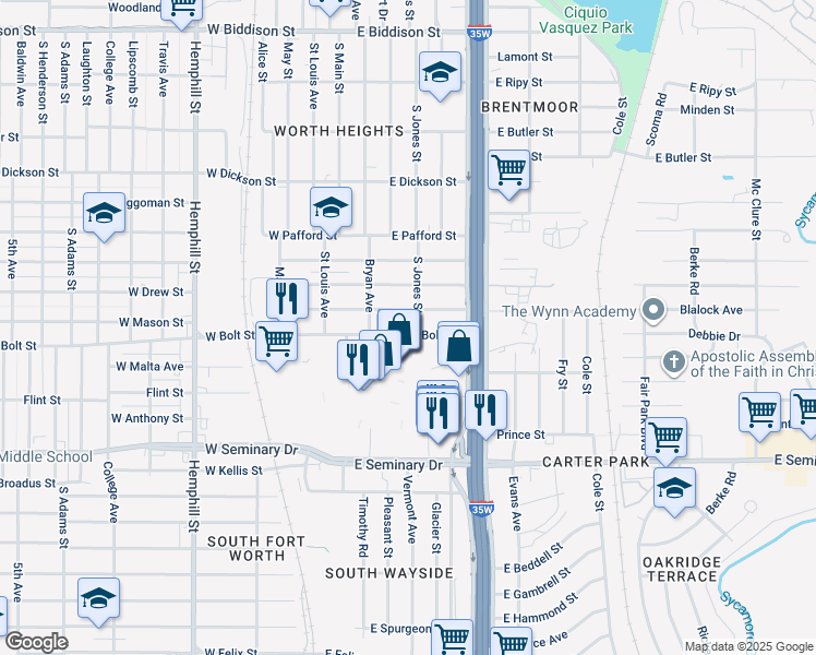 map of restaurants, bars, coffee shops, grocery stores, and more near 421 East Mason Street in Fort Worth