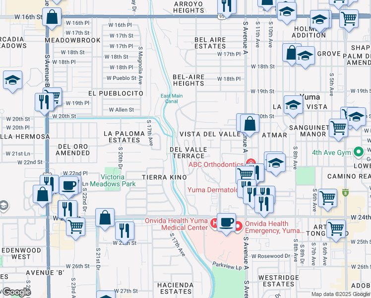 map of restaurants, bars, coffee shops, grocery stores, and more near 2092 South Terrace Way in Yuma