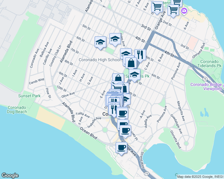 map of restaurants, bars, coffee shops, grocery stores, and more near 828 D Avenue in Coronado