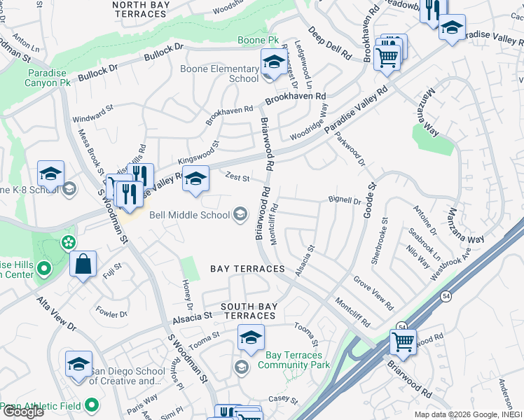map of restaurants, bars, coffee shops, grocery stores, and more near 620 Briarwood Road in San Diego