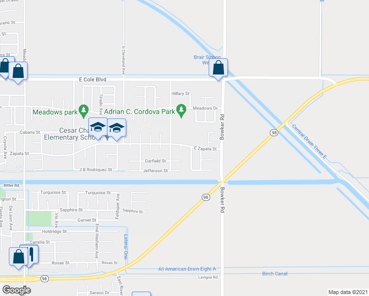 map of restaurants, bars, coffee shops, grocery stores, and more near 1426 Johnson Street in Calexico