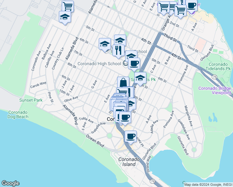 map of restaurants, bars, coffee shops, grocery stores, and more near 828 D Avenue in Coronado