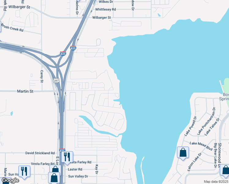 map of restaurants, bars, coffee shops, grocery stores, and more near 5711 Shoreline Circle North in Fort Worth