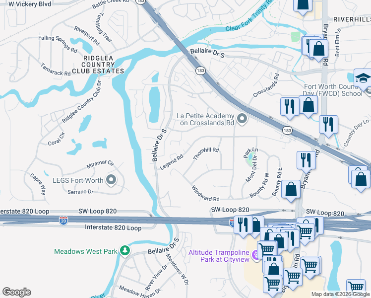 map of restaurants, bars, coffee shops, grocery stores, and more near 62 Legend Road in Benbrook