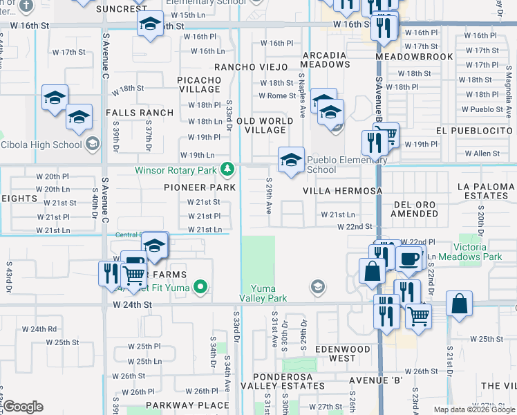 map of restaurants, bars, coffee shops, grocery stores, and more near 2971 West 21st Street in Yuma
