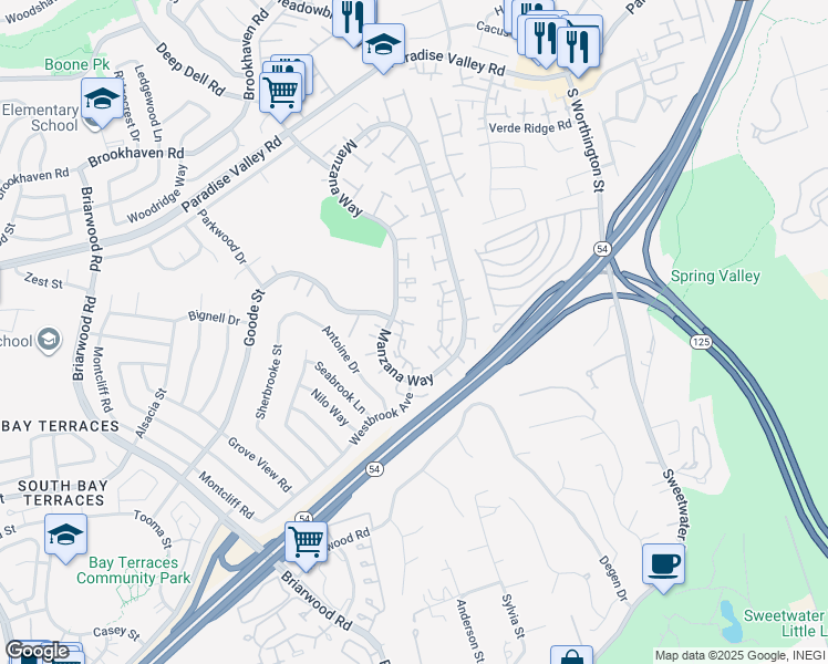 map of restaurants, bars, coffee shops, grocery stores, and more near 2095 Manzana Way in San Diego